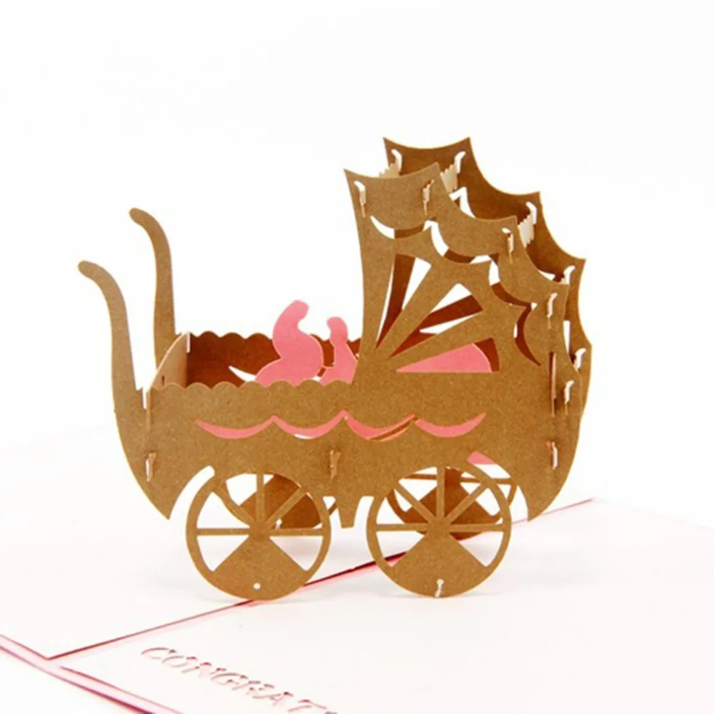 1pcs 3D Pop up Greeting Card Baby Carriage Handmade Invitations for Anniversary Birthday Blessing Gift | Дом и сад