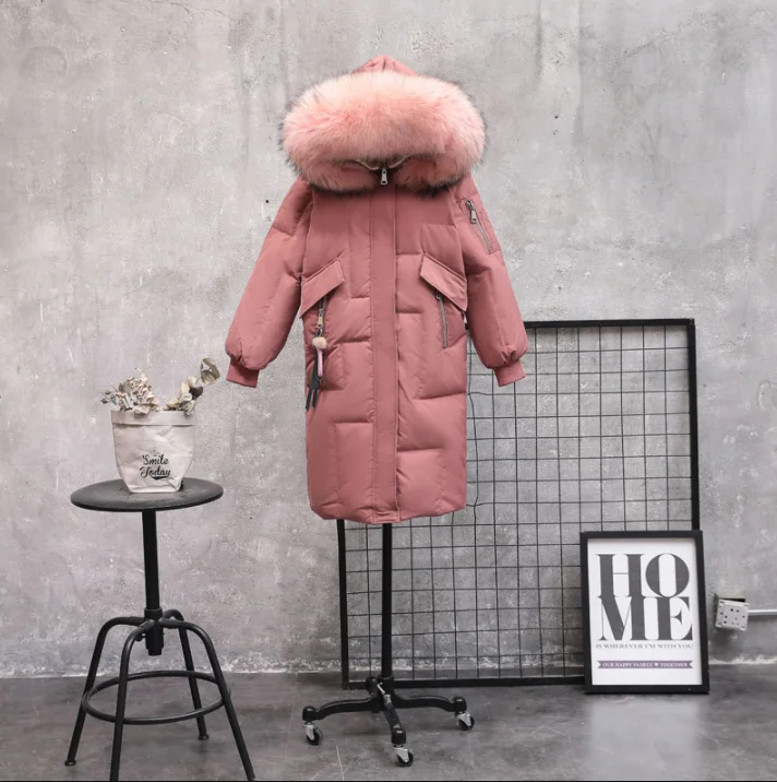 Bean red 2 Женский пуховик, зимняя теплая куртка на 90% белом утином пуху, длинное пальто с капюшоном и воротником из натурального меха, парка, женская зимняя верхняя одежда - Цвет: Bean red 2