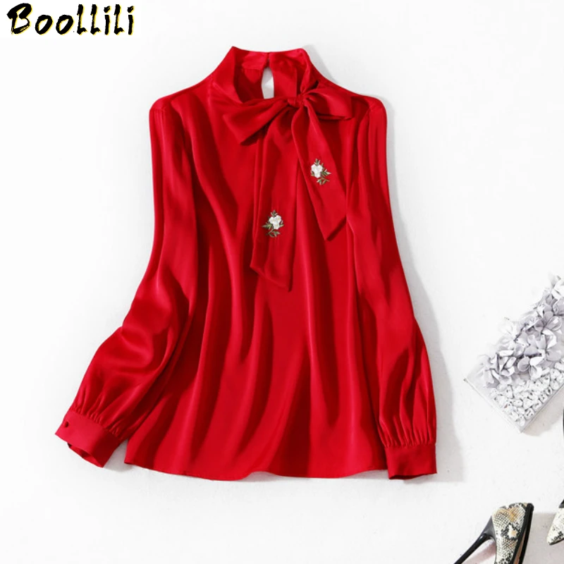 Boollili Women Long Sleeve Shirts Real Silk Tops and Blouses Korean Fashion Clothing Vintage Rea Black Blouse Spring 2020