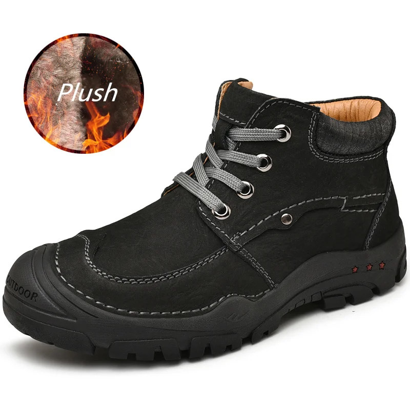 Black-plush 01 Мужские ботинки из натуральной коровьей кожи; высококачественные ботильоны ручной работы; зимние ботинки; уличная осенне-зимняя обувь; мужские водонепроницаемые ботинки - Цвет: Black-plush 01