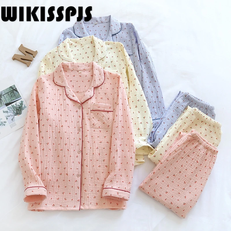 

Pajama Set Women Little Cherry Crepe Pajamas Women's Home Wear Long Sleeve Trousers Living Suit Pajamas for Teen Girls