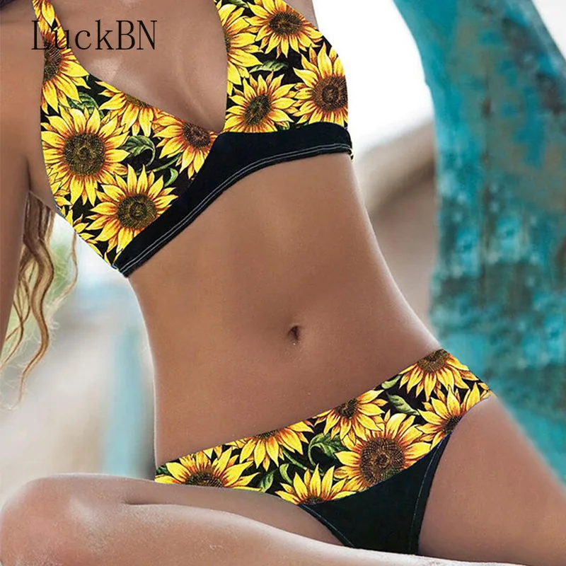 

Plus Size Bikini Set Sunflower Digital Print Sexy Swimsuit Two-piece Swimwear Women's Clothing Halter Beach Swimsuit Biquinis