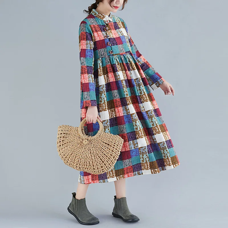 Женское винтажное платье в клетку Johnature хлопково льняное с пряжкой воротником