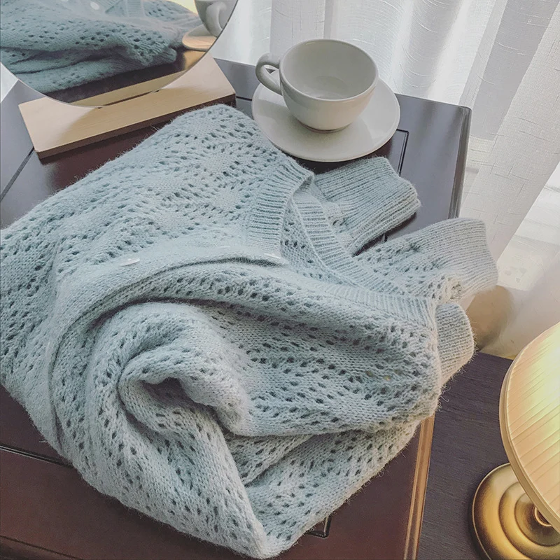 

Knitted Cardigans Women Elegant Thin Single Breasted Hollow Out Sweaters Autumn Solid Loose Long Sleese Outerwear Gilet Femme