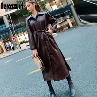 nerazzurri autumn long leather trench coat for women long sleeve belt buttons faux leather raincoat women korean fashion 2020