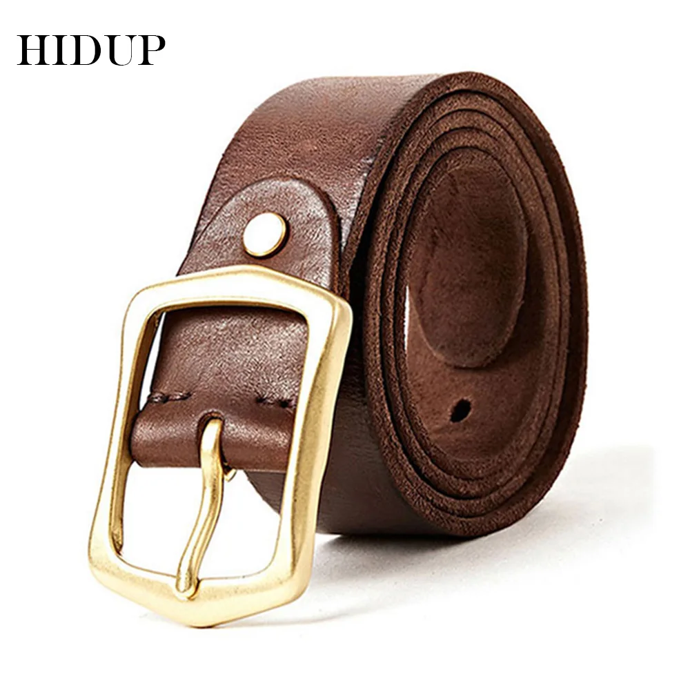 HIDUP Men's Design Quality Genuine Leather Belt Solid Brass Needle Buckle Metal Cowskin Belts Jean Accessories for Men NWJ324
