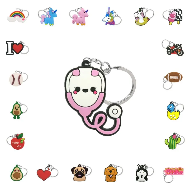 

100PCS PVC keyring kawaii cartoon figure keychain Anime pattern key holder Women Men Birthday Cute Gifts Unisex pendant Jewelry