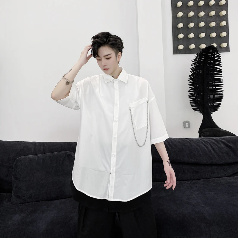 Мужская Повседневная Свободная рубашка черно-белая с коротким рукавом в