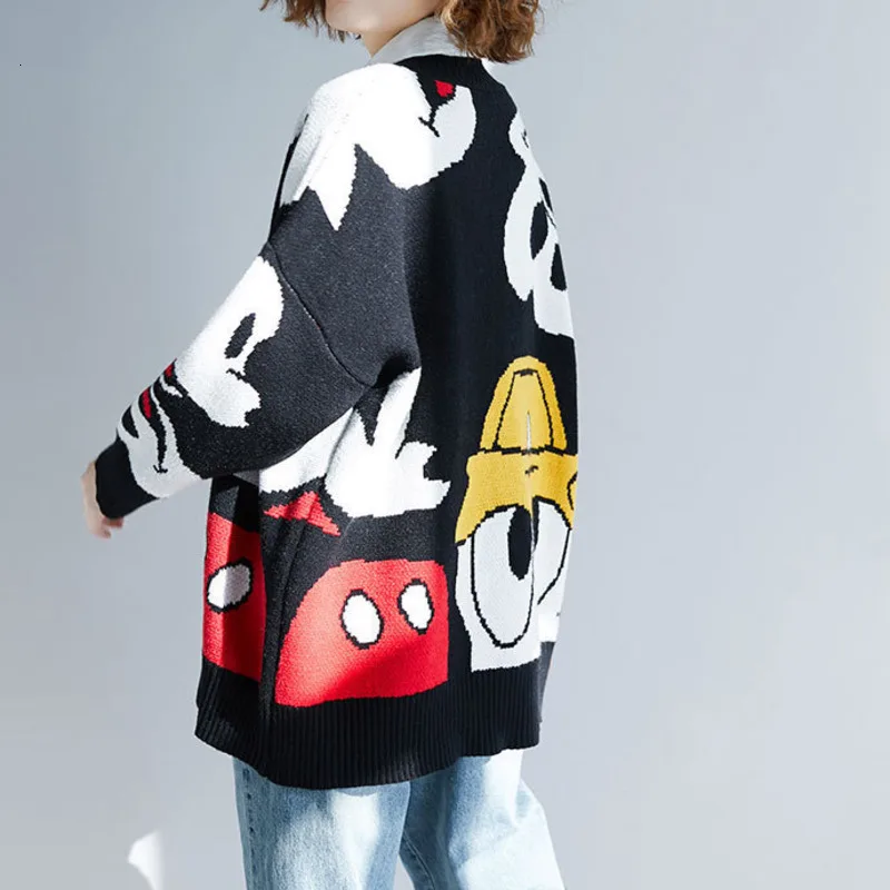 2019 Autumn Women's Large Size Cardigan Coat Literary Bat Sleeve Sweater Mickey Contrast Color Loose Thick |