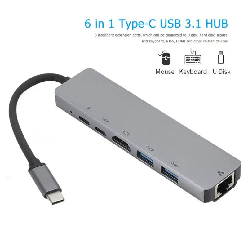 6 в 1 type-C USB 3,1 type-C док-станция хаб-конвертер USB-C 4K HDMI 2 USB 3,0 PD RJ45 Adpter для ноутбука с интерфейсом type-C