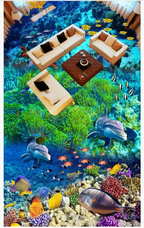 

Custom flooring wallpaper for walls 3 d Waterproof self-adhesive Mediterranean Sea World Dolphin Floor Tile Painting wall papers