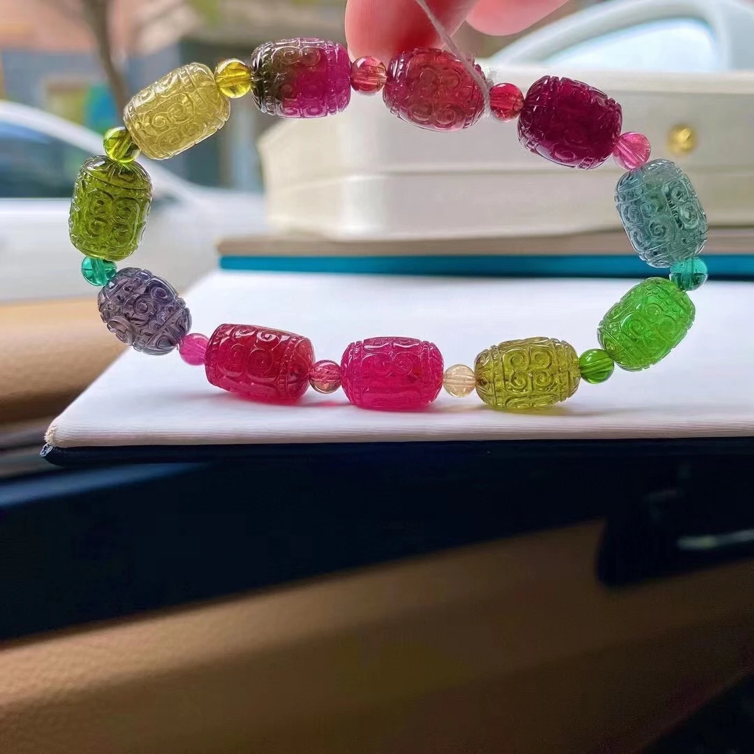 

Brazil Natural Colorful Tourmaline Bracelet Red Blue Green 13/10mm Clear Barrel Carved Beads Women Men Fashion Stone AAAAAA