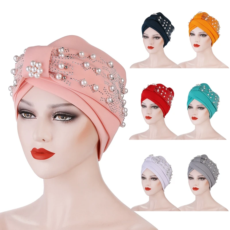 

2021 New Beading Velvet Turban Hat For Women Muslim Headscarf Bonnet Islamic Head Wraps African Aso Oke Headtie Turbante Mujer