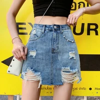 0217 summer vintage blue mini skirt women short a line denim skirt sexy club scratched jeans skirt with holes korean style
