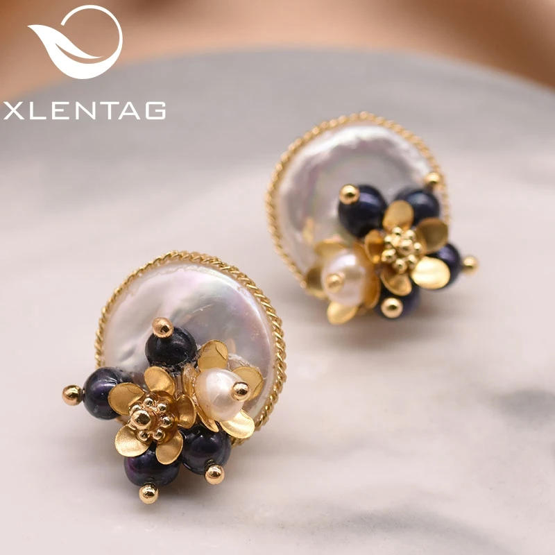 

XlentAg Handmade Natural Baroque Flat Pearl Earrings For Women Wedding Party Flower Stud Earrings Luxury Fine Jewellery GE0650