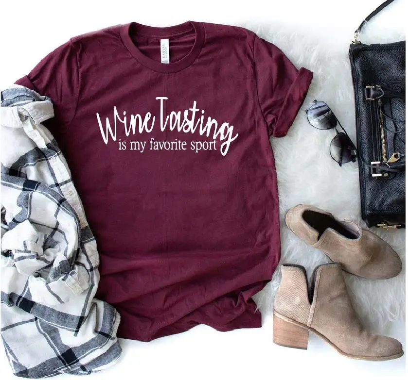 burgundy white words Дегустация вина-это моя любимая Спортивная футболка Winery Tour Lover, женская модная повседневная футболка с коротким рукавом, большие размеры, Прямая поставка - Цвет: burgundy white words