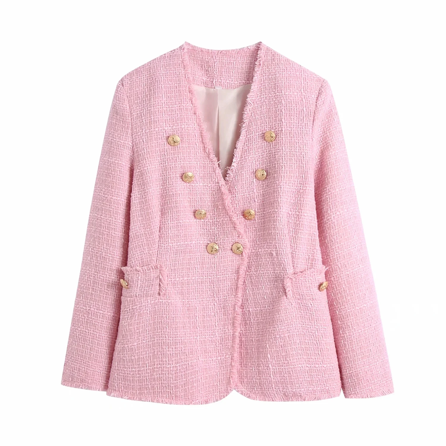 

Xitimeao Women Spring Autumn Fashion Double Breasted Tweed Check Solid Color Blazers Coat Vintage Long Sleeve Female Outerwear