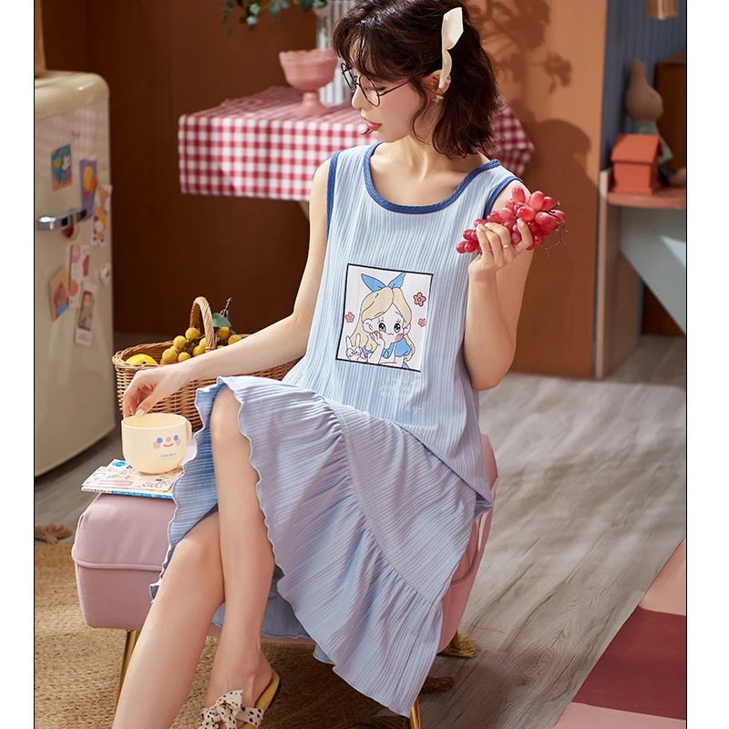 

Women's Cute Nightgown Round Neck Ladies Sleeveless SleepDress Loungewear Cotton Sleep Skirt
