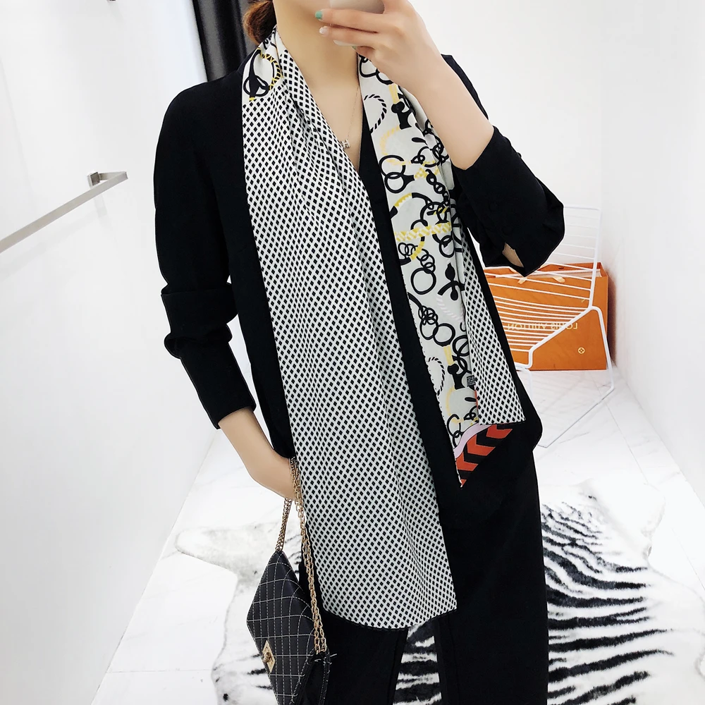 Luxury Brand Double-deck Plaid Scarf Women Design Belt Chain Fashion Neckerchief Silk Scarves For Ladies Head Handkerchief |