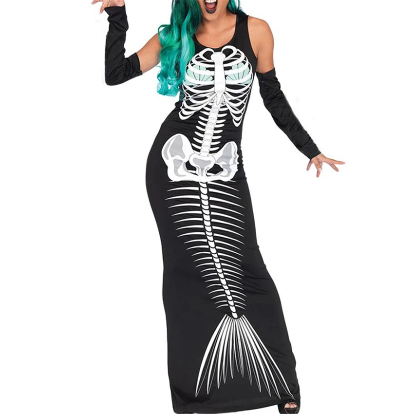 Halloween Scary Costumes for Woman Mermaid Skeleton Printed Sleeveless Cosplay Dress Party Horror Ghost Bodycon Long Dress