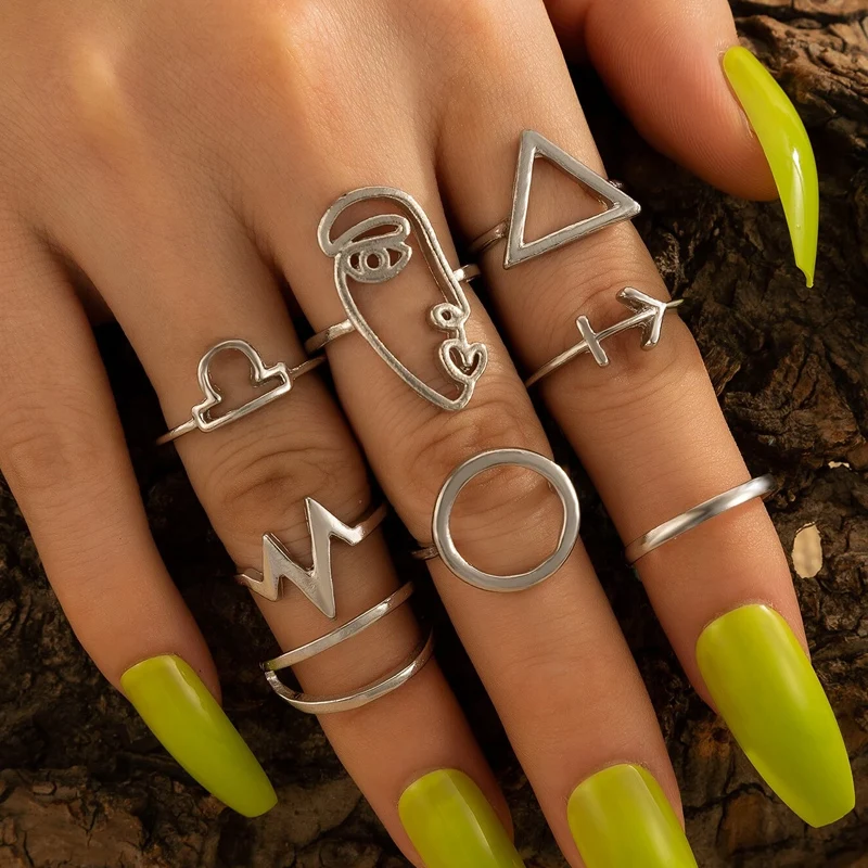 

HuaTang Vintage Silver Color Face Finger Rings Set for Women Geometric Circle Smooth Midi Knuckle Ring Female Jewelry Anillos