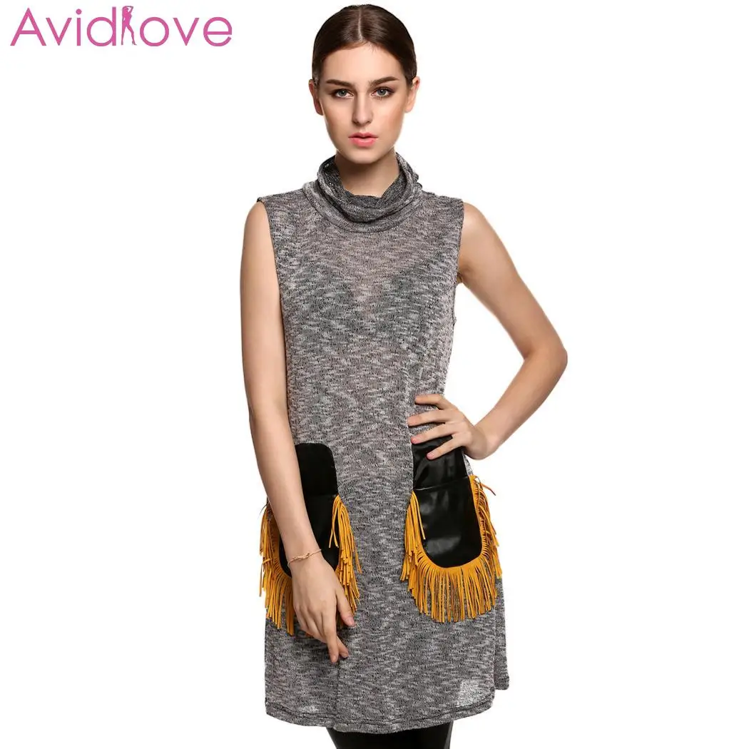 Finejo Женская мода Повседневная водолазка без рукавов бахрома карманы прямой