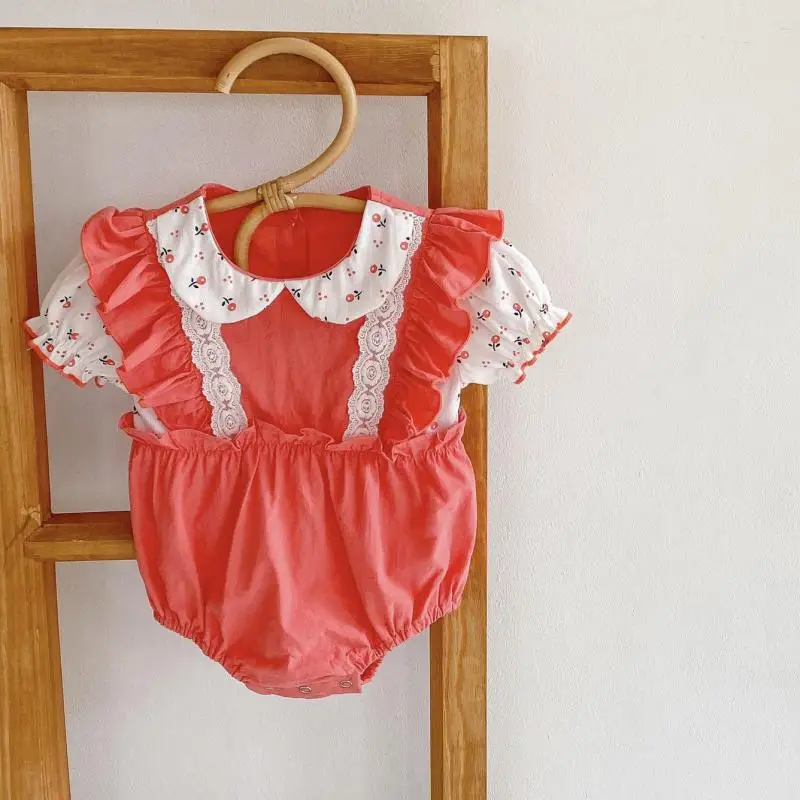 

Korean Newborn Infant Baby Girls Ruffle Lace Patchwork Romper Short Sleeve Jumpsuit Sunsuit Toddler Girl Summer Lovely Playsuit