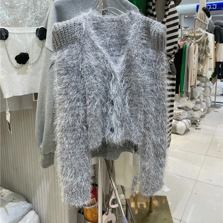 

Женский однотонный мохеровый кардиган-топ с V-образным вырезом и длинным рукавом