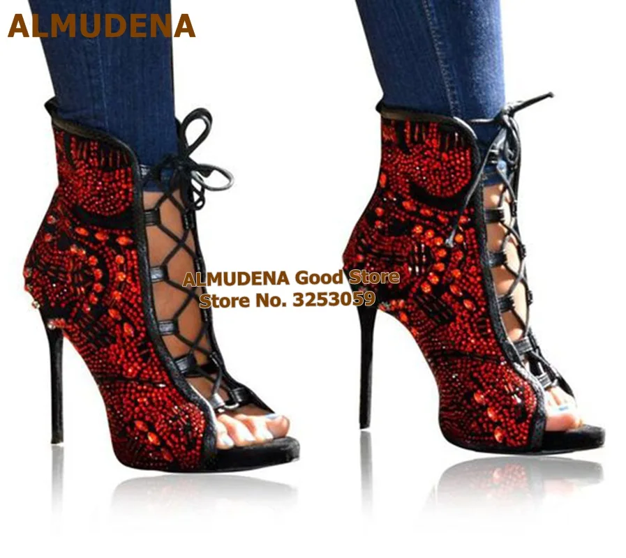 Альмудена шикарные красные украшенные кристаллами ботильоны на шнуровке с