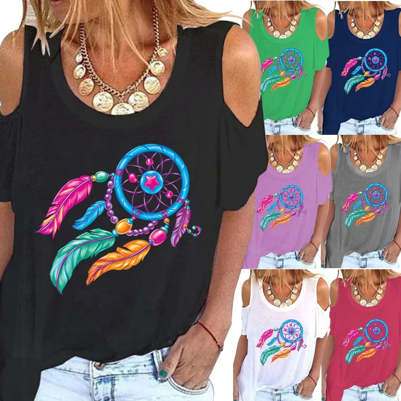 

New Summer Fashion Women's Dreamcatcher Printed Short Sleeve Round Neck Blouse Tops Casual Off Shoulder T-shirt Plus Size