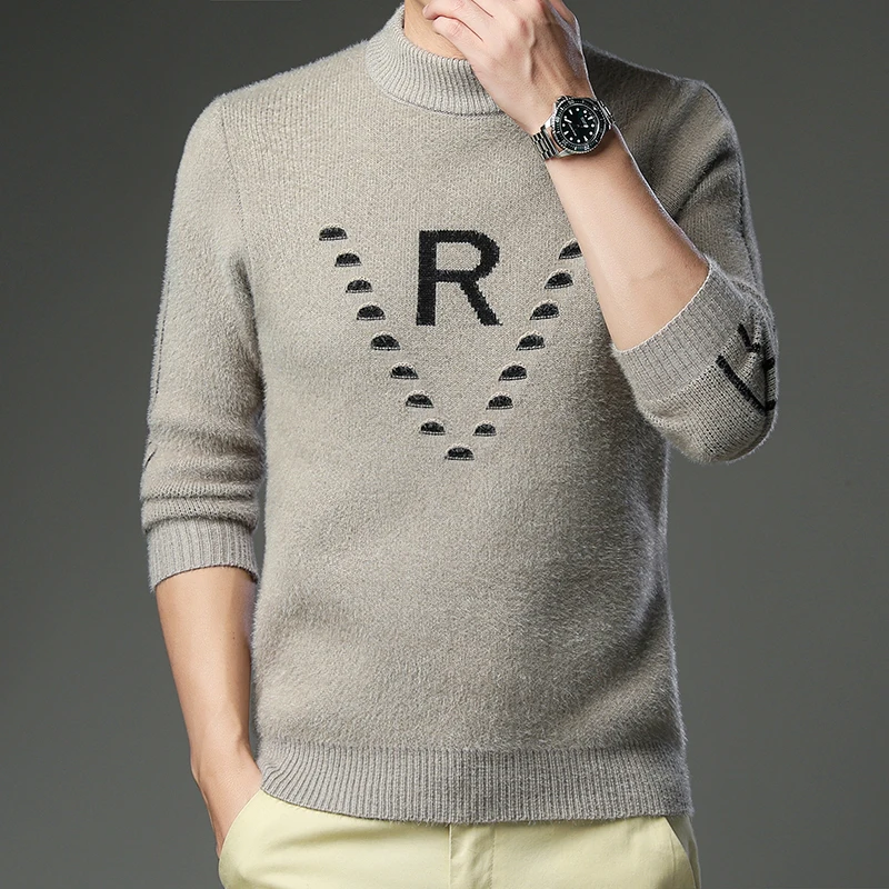 2021 autumn winter new men's high-quality fleece warm sweater men's fashion casual R letter round neck pullover knit sweaters