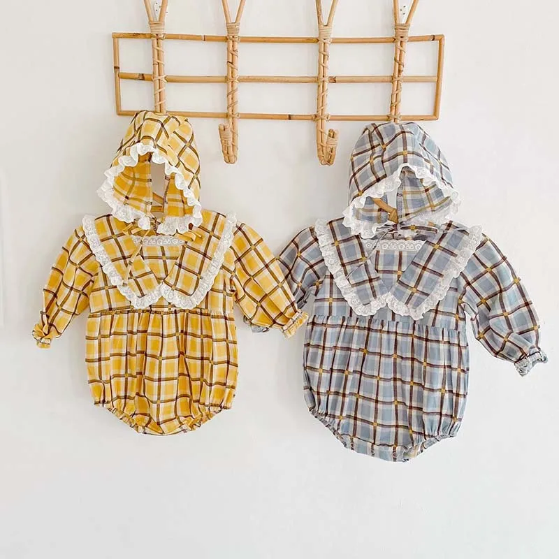 

Комбинезон детский, хлопковый, в клетку, с шапочкой