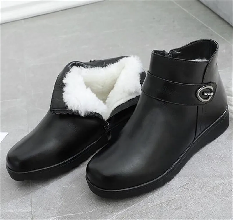 Женские зимние ботинки из воловьей кожи на плоской подошве теплые шерстяные