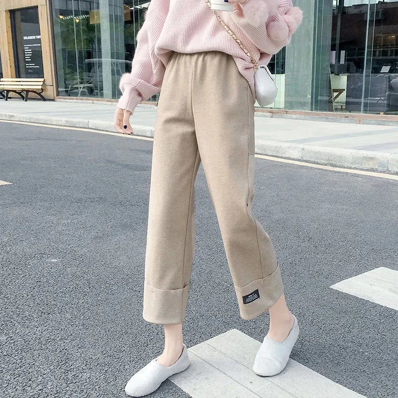 

2021 Autumn Winter Woolen Pants Women Korean Fashion High Waist Wide Leg Pant Ankle Length Plus Size Solid Casual Stretch Pants