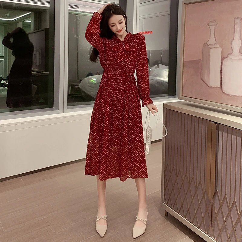 Женское шифоновое платье с длинным рукавом винтажное свободное плиссированное