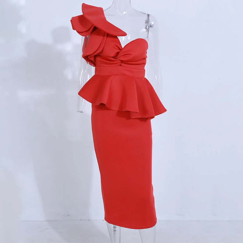 

White Backless Ruffle One Shoulder Good Quality 2019 Newest Arrival Cocktail Party Sexy Knee Length Bandage Dress