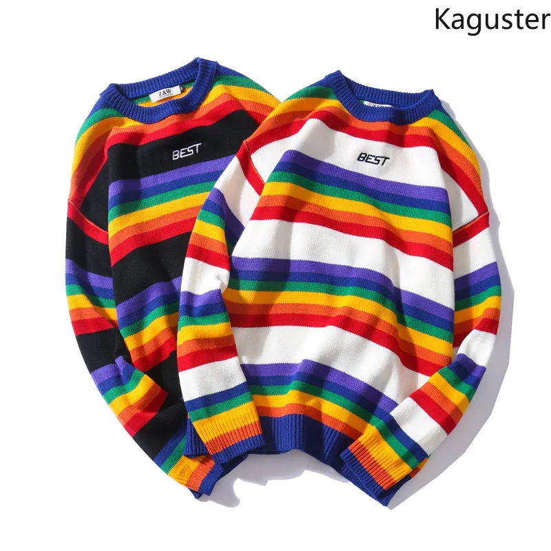 Kaguster осенне-зимние женские мужские свитера в радужную полоску большие размеры