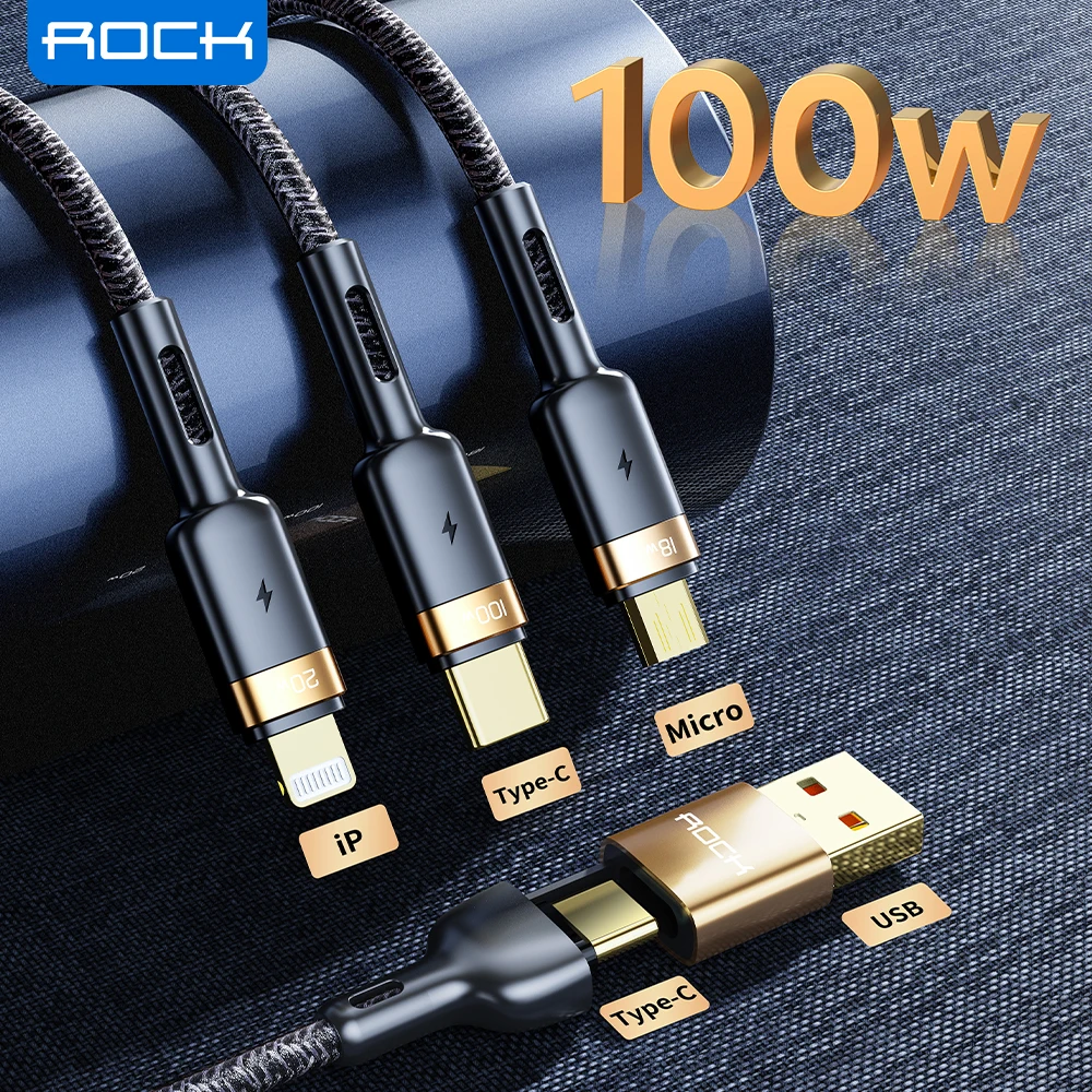 ROCK-Cable tipo C 3 en 1 para iPhone, Cable Micro USB de carga r&aacute;pida de 100W para ordenador port&aacute;til, Macbook Pro, Cable de sincronizaci&oacute;n de datos para iPhone 13, 12, 11 Pro Max-0