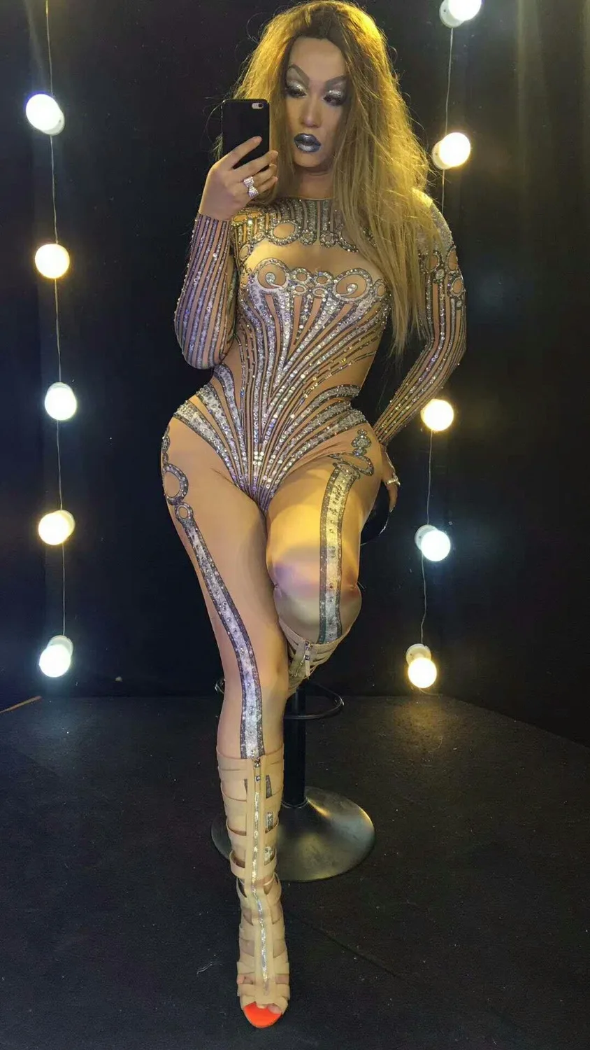 Женский сексуальный комбинезон со стразами телесного цвета для сцены стрейчевый