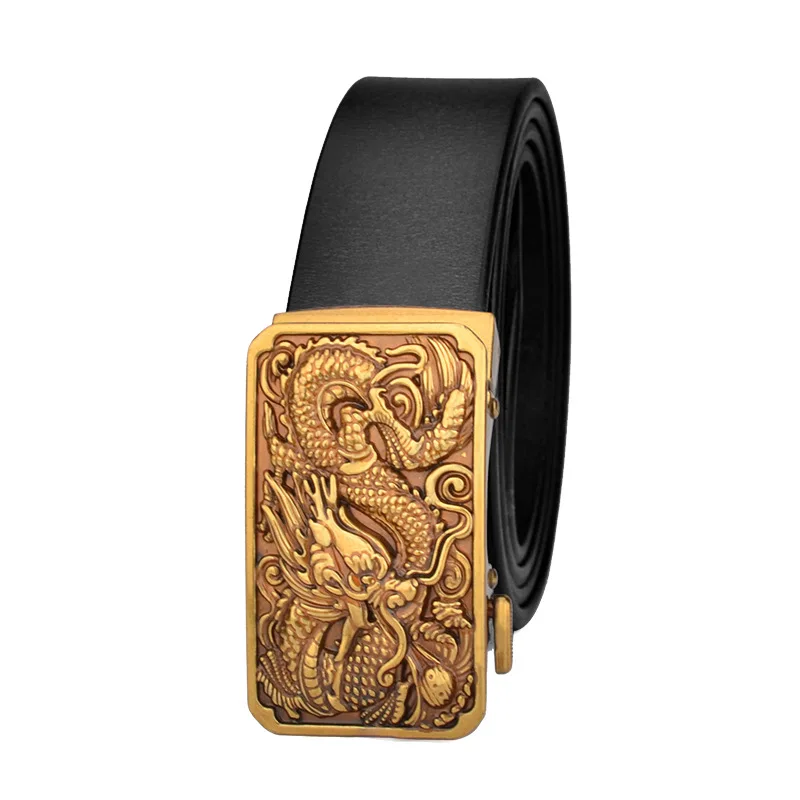 

New Retro Style Men's Leather Belt Bronzed Chinese Dragon Automatic Buckle Belt Designer Belt