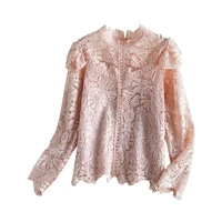 new spring autumn women stand collar long sleeve loose blouse high quality hook flower hollow water soluble lace shirt