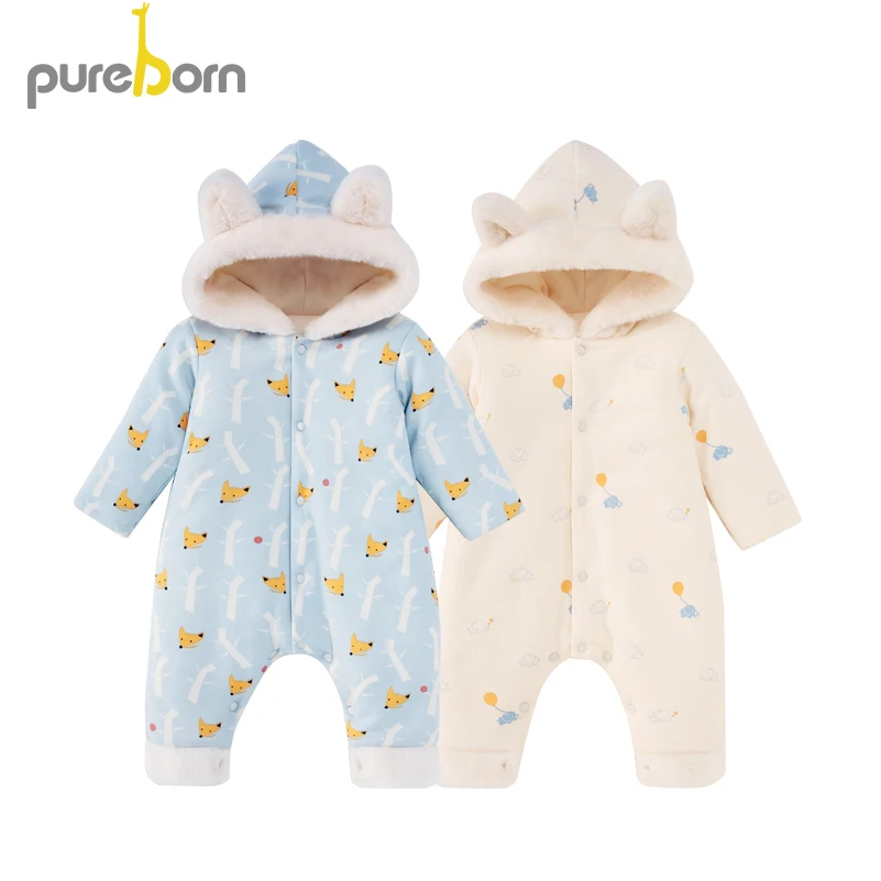 Pureborn комбинезон для младенцев мальчиков девочек Комбинезон утепленный с капюшоном флис полиэстер длинный рукав мультфильм лиса без ног одежда зимняя одежда