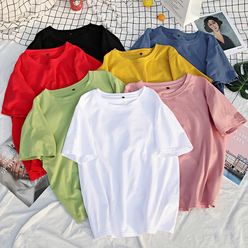 

Мужская и футболка того же типа, хлопковая белая Свободная рубашка с коротким рукавом и низом конфетного цвета, Женская однотонная внутренн...