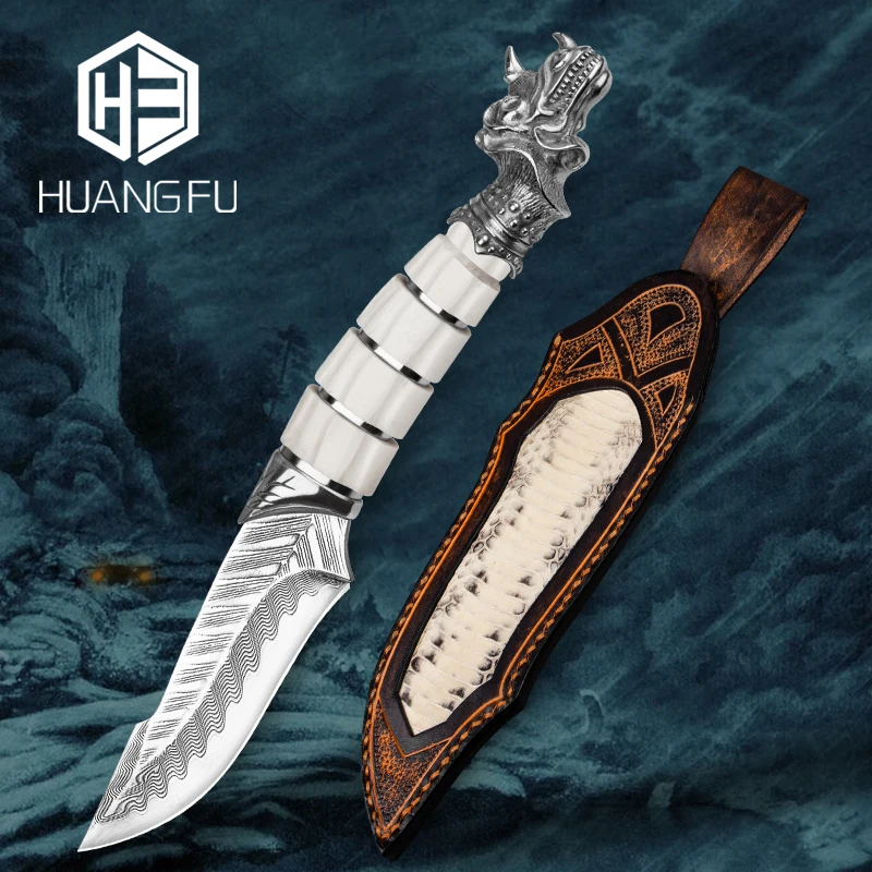 

HUANGFU Hunting Knife Handmade Damascus Steel Knife Antler Handle Fixed Blade Tactical Knife Jungle Survival Knife Camping Tools