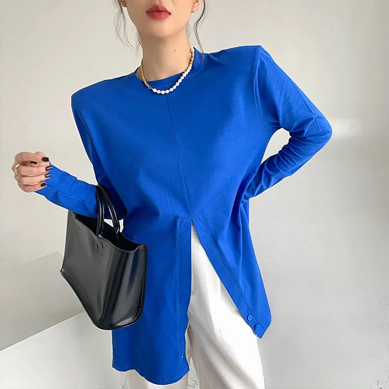 

Autumn Women O-neck Full Sleeve T-shirts Tees Girls Shoulder Pads Crossed Irregular Tees Split T shirts Tops Female