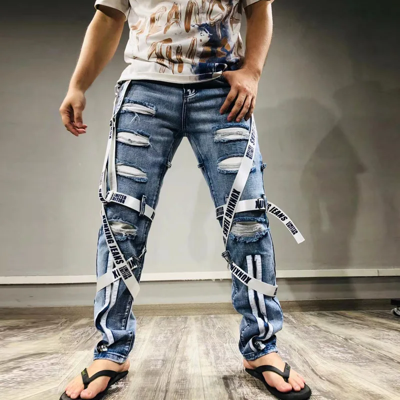 Autumn Personality Trend Slim-Fit Straight-Leg Jeans Men's Street Hip-Hop Ripped Fashion Young Men's Motorcycle Denim Trousers
