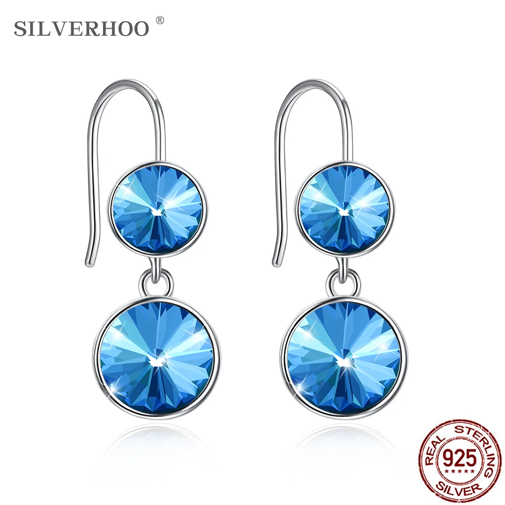 

SILVERHOO Women Earrings 925 Sterling Silver Round Blue Austria Crystal Drop Earring Fine Jewelry Romantic Valentine's Day Gift