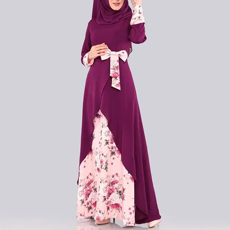 Purple MISSJOY мусульманские женские платья кимоно Абая печать цветочный бант арабский Сплит Нерегулярные Малайзия Дубай элегантное женское платье женское повседневное - Цвет: Purple