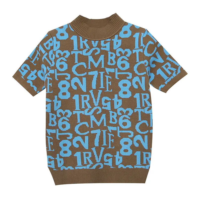 

European station 2021 spring new short sleeve contrast letter base sweater women slim slim half sleeve jacket