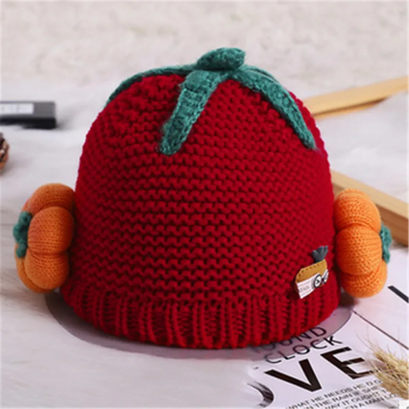 

Hat For Baby Girl Boy Kids Caps Cartoon Pumpkin Knitted Hat Free Size Beanie Czapka Zimowa